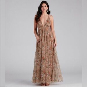 Windsor Daisy Pleated Tulle Formal Dress Mocha Tan Medium